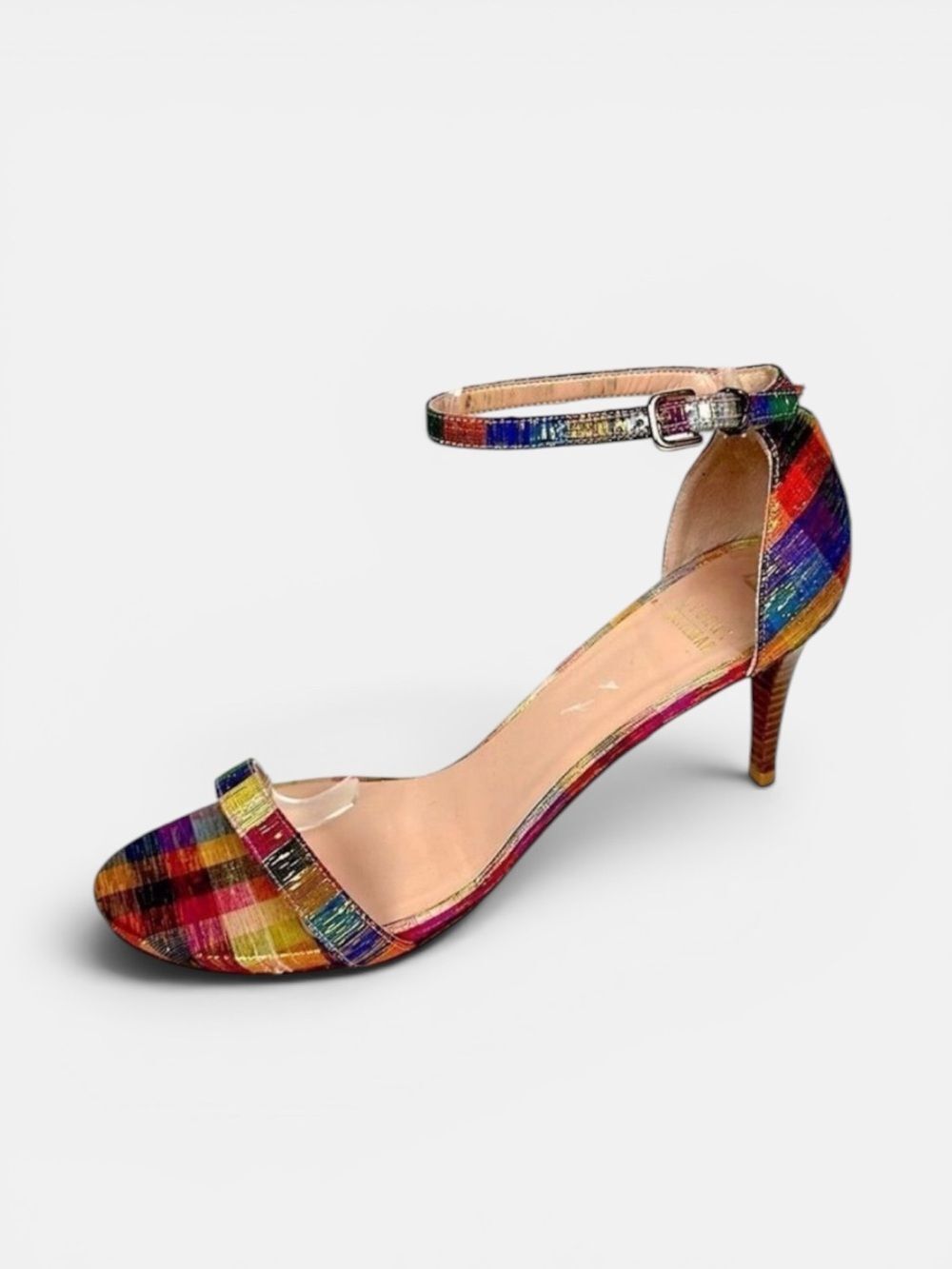STUART WEITZMAN Metallic Rainbow Plaid Leather Ankle Strap Nunaked Sandals 9,5